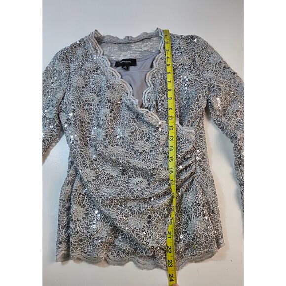 Purple grey faux wrap lace long sleeve layered blouse S USA made sequin sparkle - Picture 7 of 7